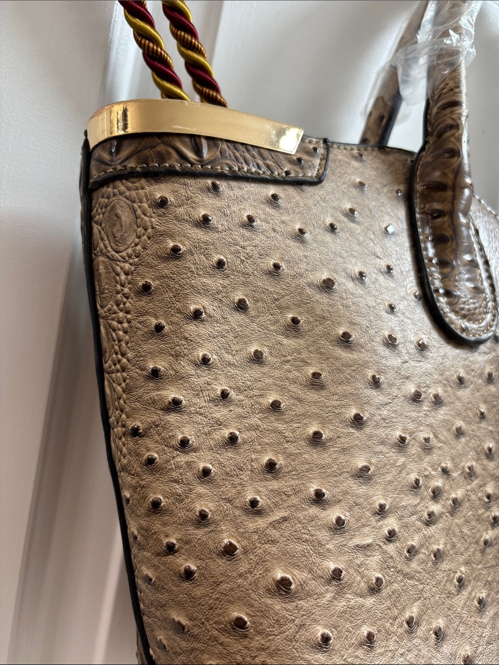 Diophy Taupe Ostrich-Textured Tote with Top Handles - Picture 9 of 10